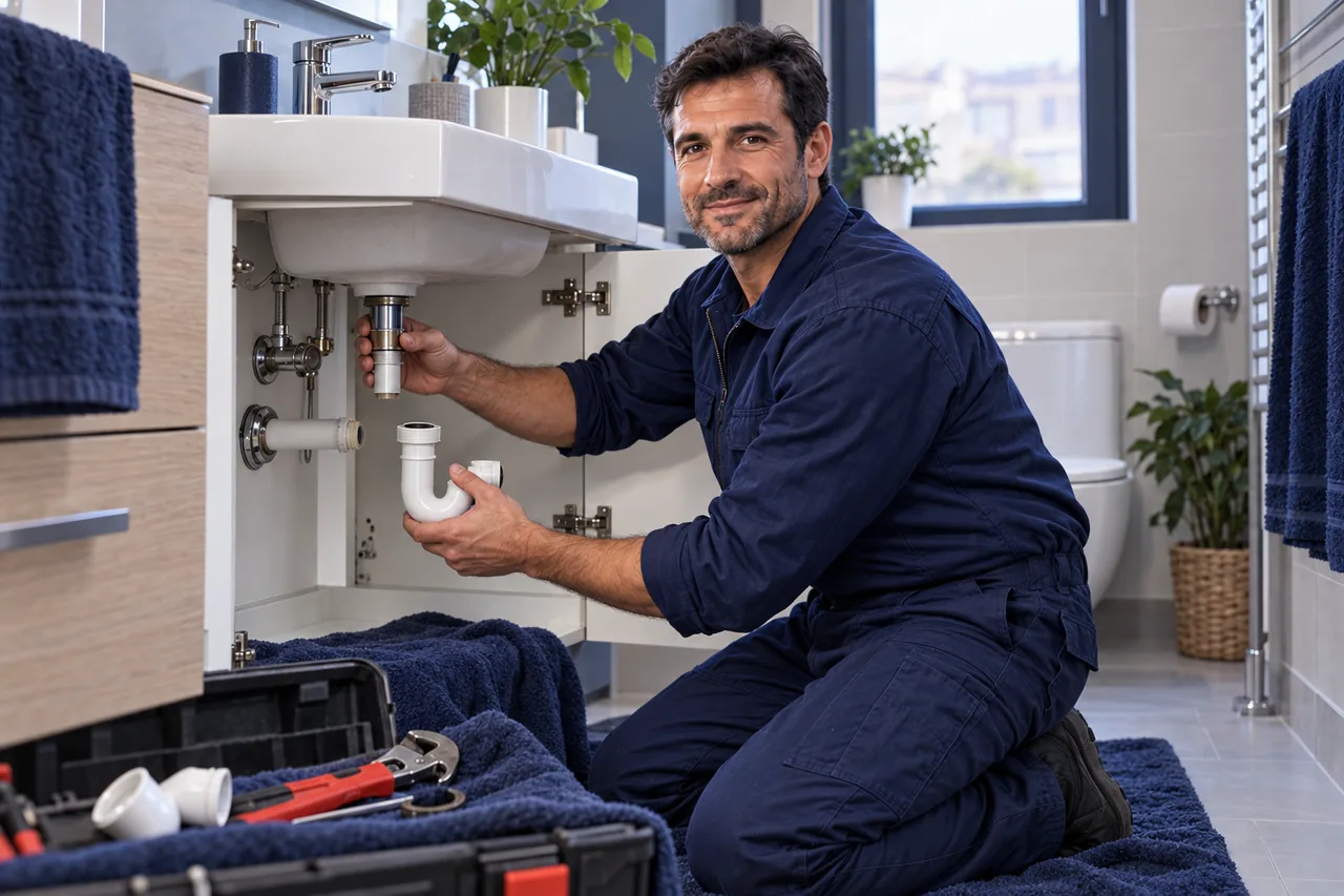 Revisión de un sifón de lavabo con el mueble protegido
