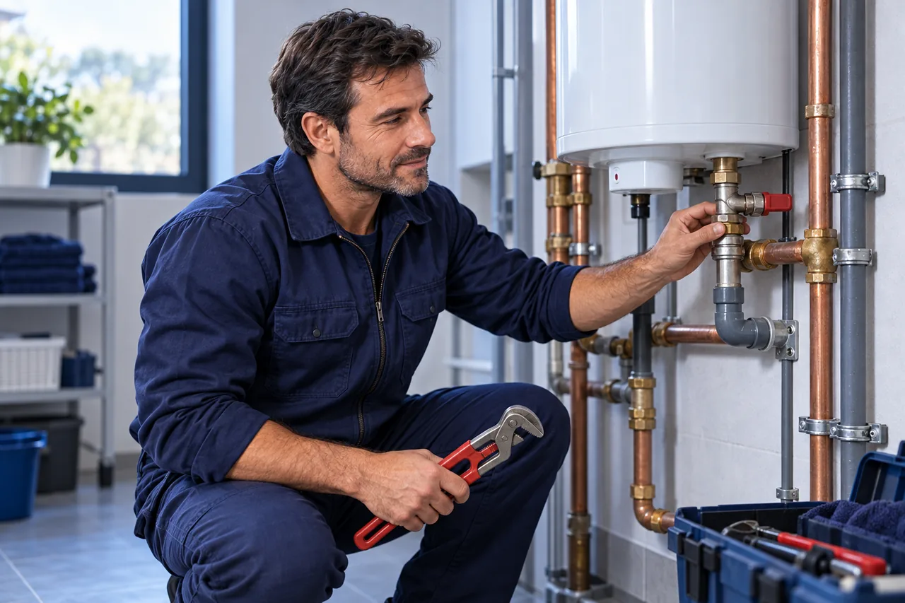 Inspección de una conexión accesible de agua junto a un termo eléctrico