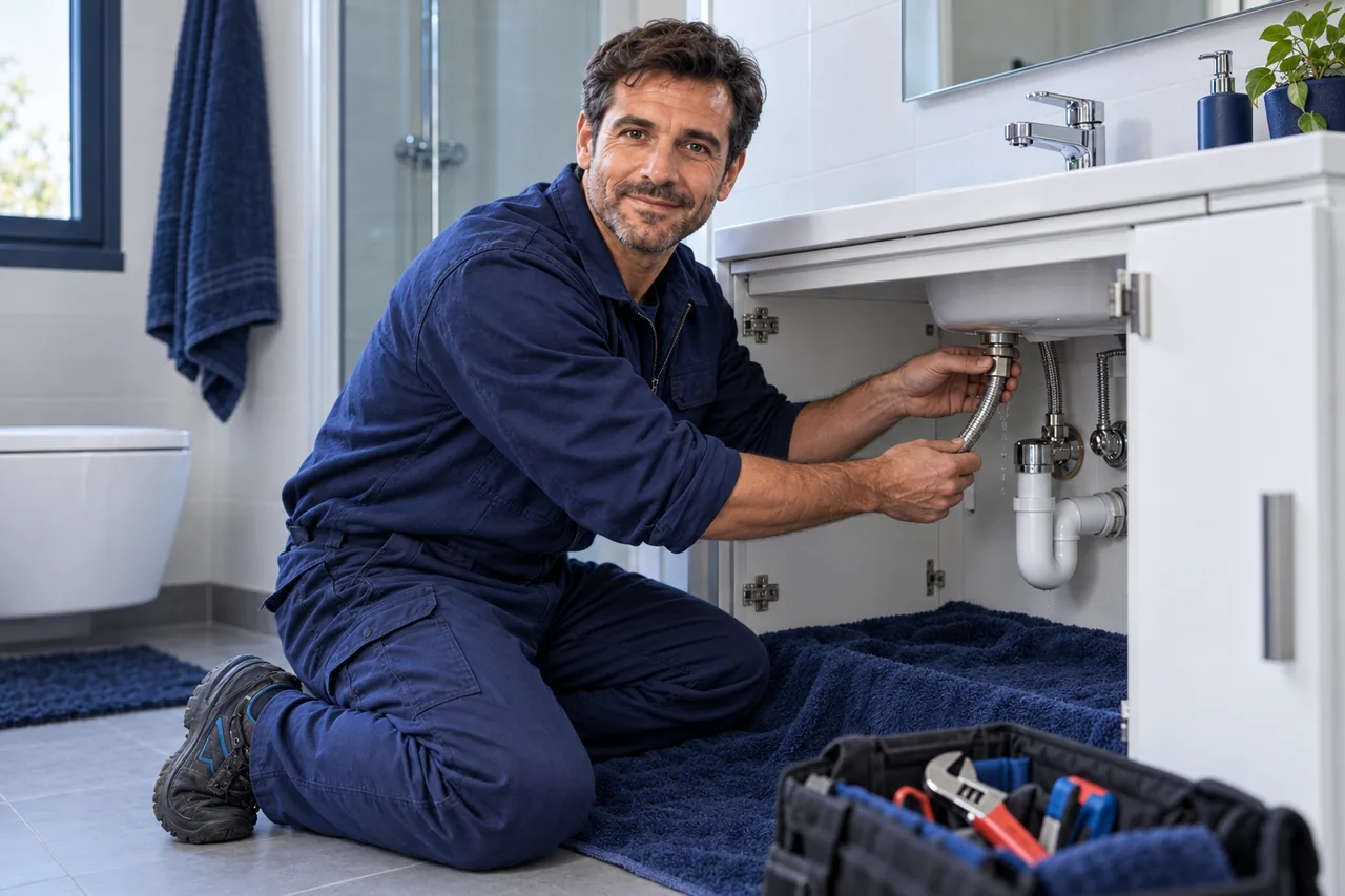 Revisión de un latiguillo bajo el mueble de un lavabo